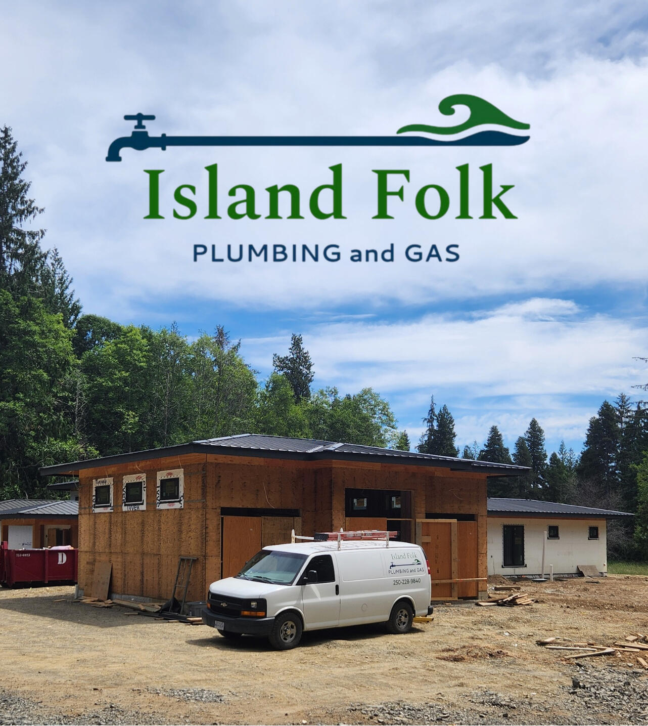 Island Folk Plumbing and Gas ocean background with green and blue logo of facet and wave